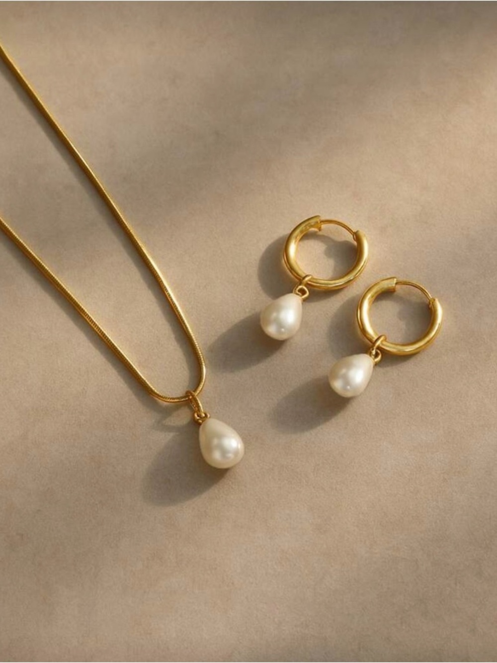 Gold-Tone Pearl Drop Necklace and Hoop Earrings Set